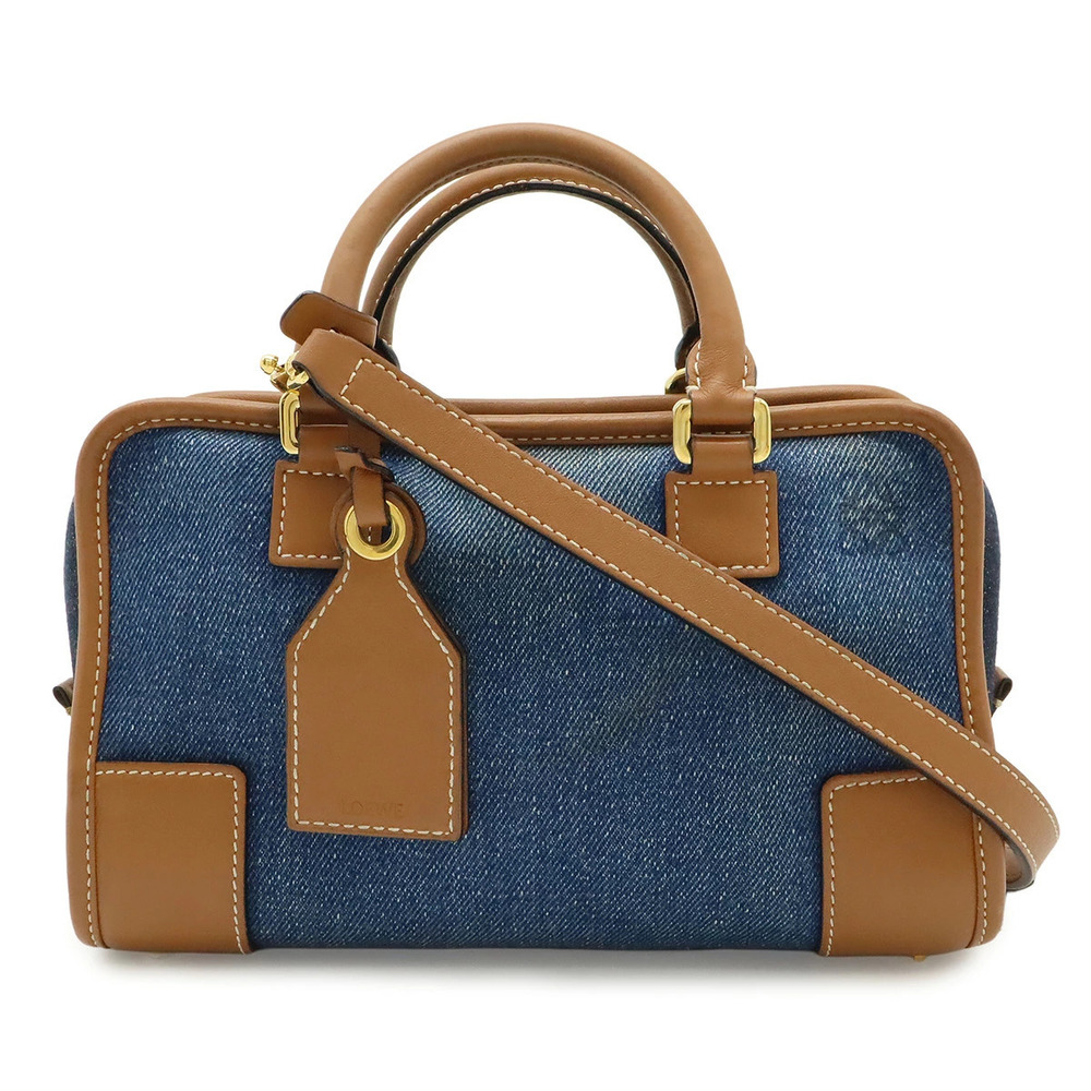 Loewe Amazona Anagram Handbag Boston Shoulder Bag Denim Leather Blue Brown